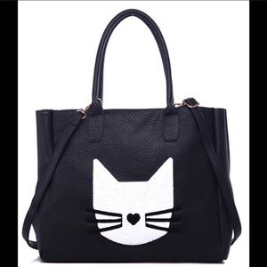 Vegan black leather cat themed tote bag